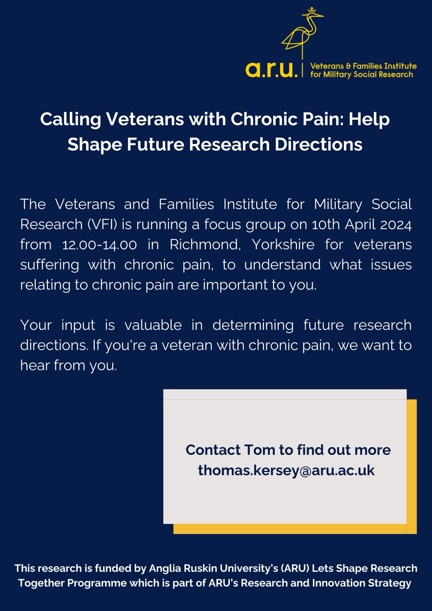 #Veterans with #chronicpain based in and around Richmond, Yorkshire we are looking for participants to join an in-person focus group on the 10th April from 12.00-14.00 for more information please email, DM or comment on this post