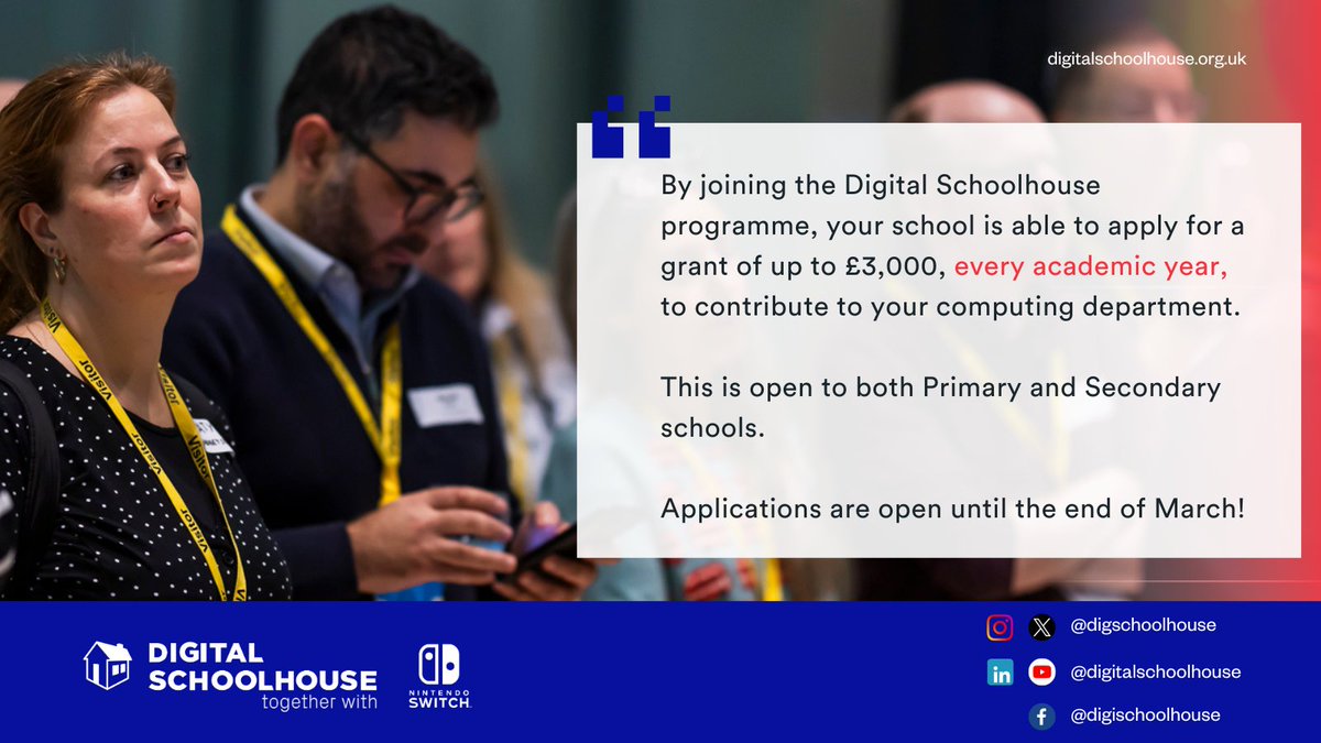 ❗️ Don't forget to submit your Digital Schoolhouse application by the end of March, just in time for the upcoming half-term ✨ There are so many wonderful benefits for both teachers and their schools on the programme Find out more and apply... 👇 🔗 digitalschoolhouse.org.uk/apply-2024-2025