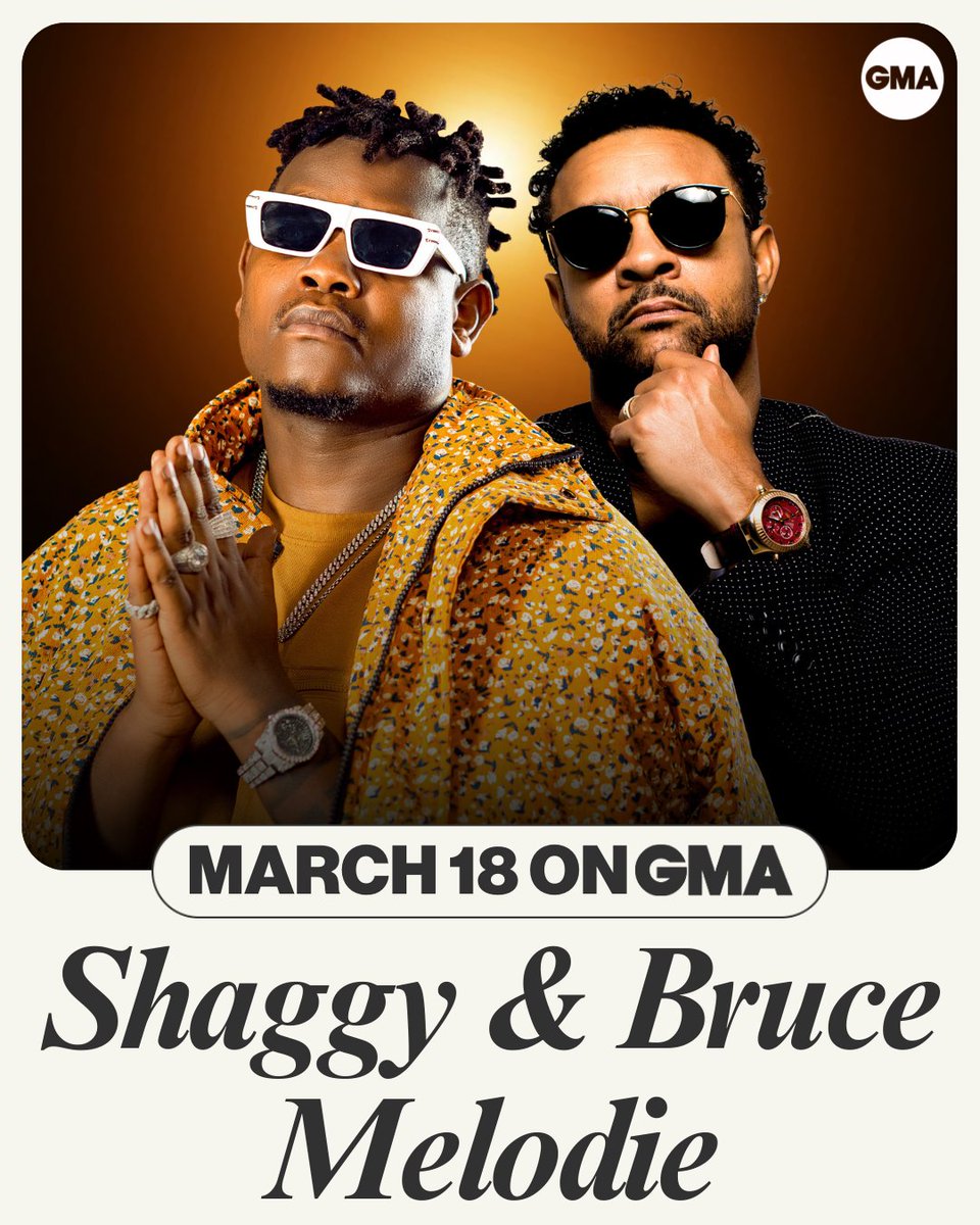 GOOD MORNING AMERICA your favorite Rwandan-Jamaican duo are taking over New York again ! 🇷🇼🇯🇲 Tune in to @abcnews March 18 at 7am ET for a “When She’s Around (Funga Macho)” performance live in your living room. 📺🎷🎶 #GMA #BruceMelodie #Shaggy #WSAFM