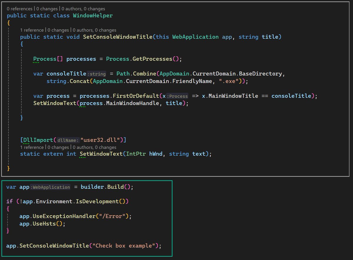 KarenPayneMVP's tweet image. ASP NET Core/Razor Pages
Set console window title.
Source
github.com/karenpayneoreg…
#csharp #aspnetcode #razorpages