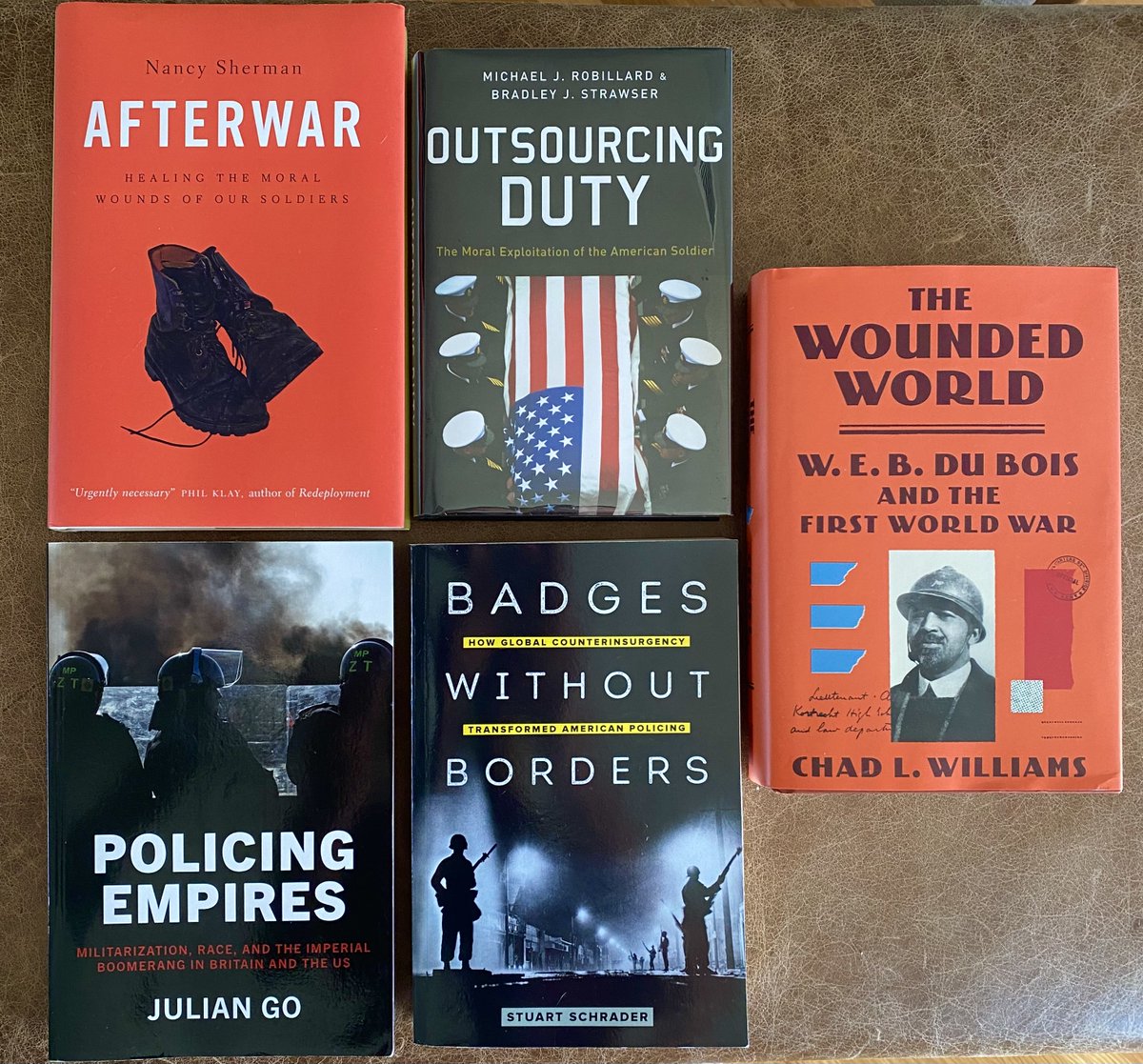 Next 5 on the pro reading list. Prepping for @MilHist_Lee's SMH VP panel w/ really great reads from @stschrader1 & @jgo34. @drnancysherman argues passionately that vet reintegration is a matter for all of us. And @Dr_ChadWilliams just flies as a storyteller. Highly recommend.