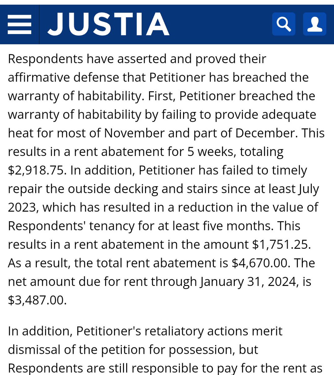 17993rd's tweet photo. 2/2 #Landlord sued RSL #Tenant for alleged Rent arrears & possession of tenant's home & unlike what we've seen in #NYC Courts during the Adams Administration, justice was served: BREACHES OF THE WARRANTY OF HABITABILITY = LANDLORD ORDERED TO PAY TENANT & ORDERED TO MAKE REPAIRS. https://t.co/5BXKVdoYEy