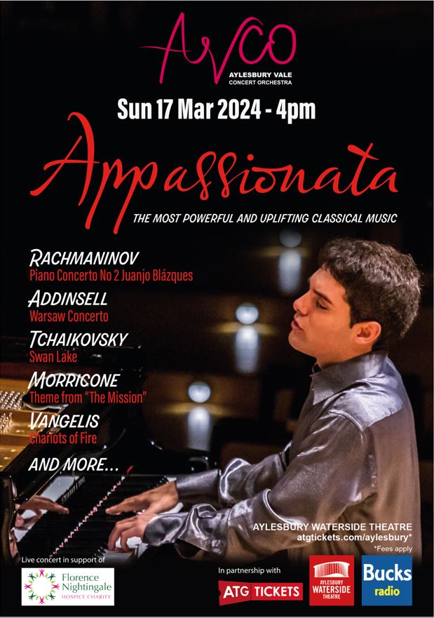 On Sunday 17 March 4pm Aylesbury Vale Concert Orchestra is performing an afternoon of classical music at Aylesbury Waterside Theatre. All proceeds to Florence Nightingale Hospice Charity 
<a href="/BBCRadio3/">BBC Radio 3</a> 
<a href="/aylesburytc/">Aylesbury Town Council</a> 
<a href="/WycombeSound/">Wycombe Sound</a> 
<a href="/AylesNews/">Aylesbury & District News</a>