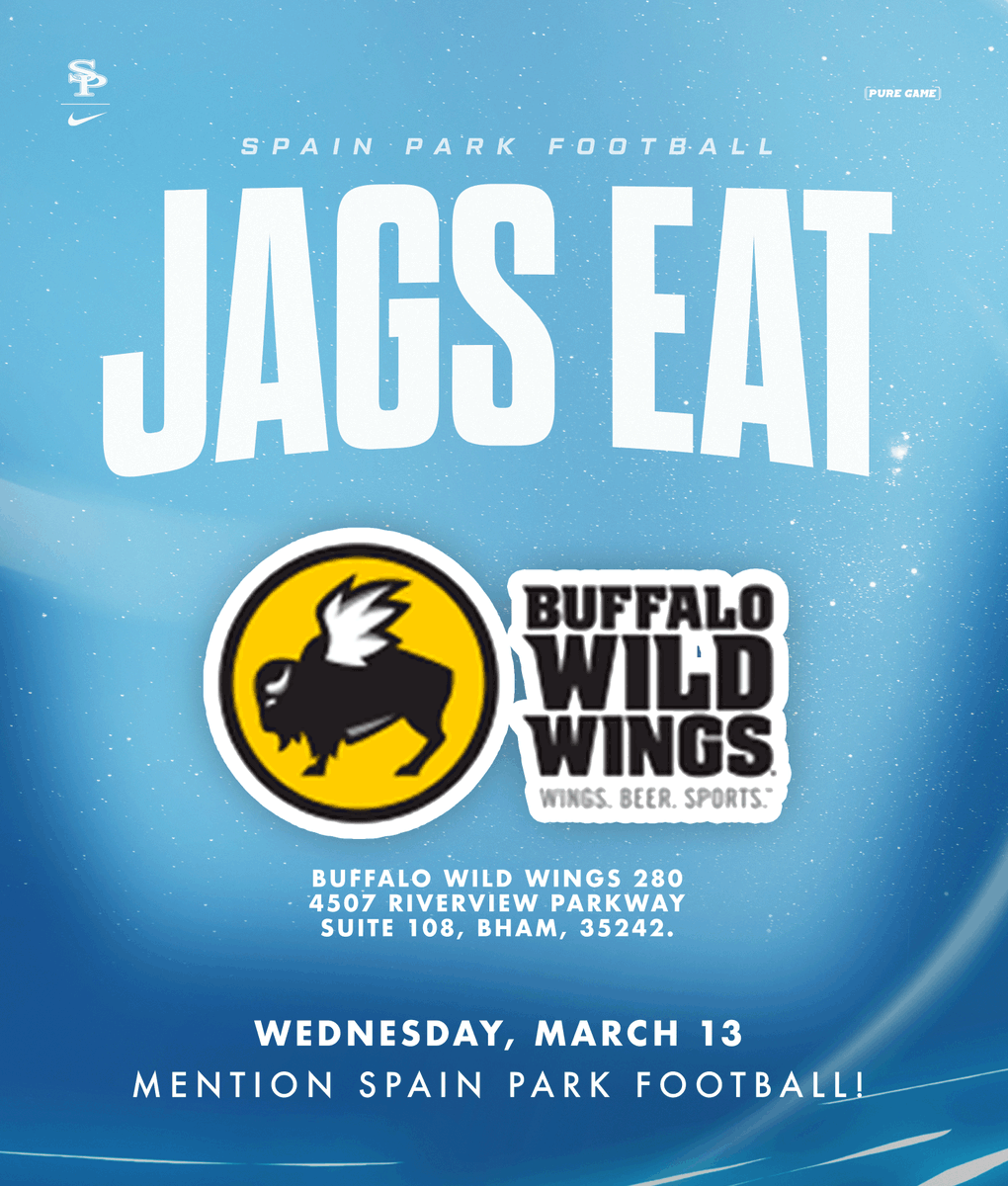 Jag Nation... Join us for our 4th JAGS EAT promotion this Wednesday at Buffalo Wild Wing's, the 280 location. Make sure to mention Spain Park Football so they know you're supporting us. See you there!! #SPFootball #DoingItTogether