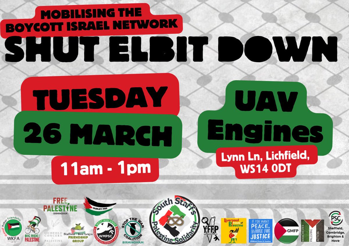 StaffsPalestine's tweet photo. An Israeli drone opened fire at a school near Al Awda, east of Khan Yunis last month, likely with an engine made by Elbit Systems in Shenstone. 

The ongoing use of British-made drones cannot continue. 

Join us to #ShutElbitDown https://t.co/KWKKSJlcL4