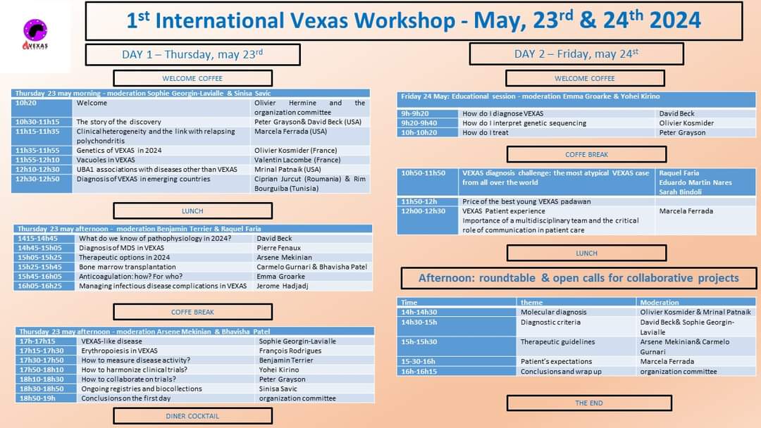 OYEZ OYEZ le 1er International VEXAS workshop 😍 aura lieu à l'Institut IMAGINE 🧬à Paris, Cocorico 🇫🇷, les jeudi 23 mai et le vendredi 24 mai 2024. Vous pouvez dévorer le programme ci-dessous 🤩 !!