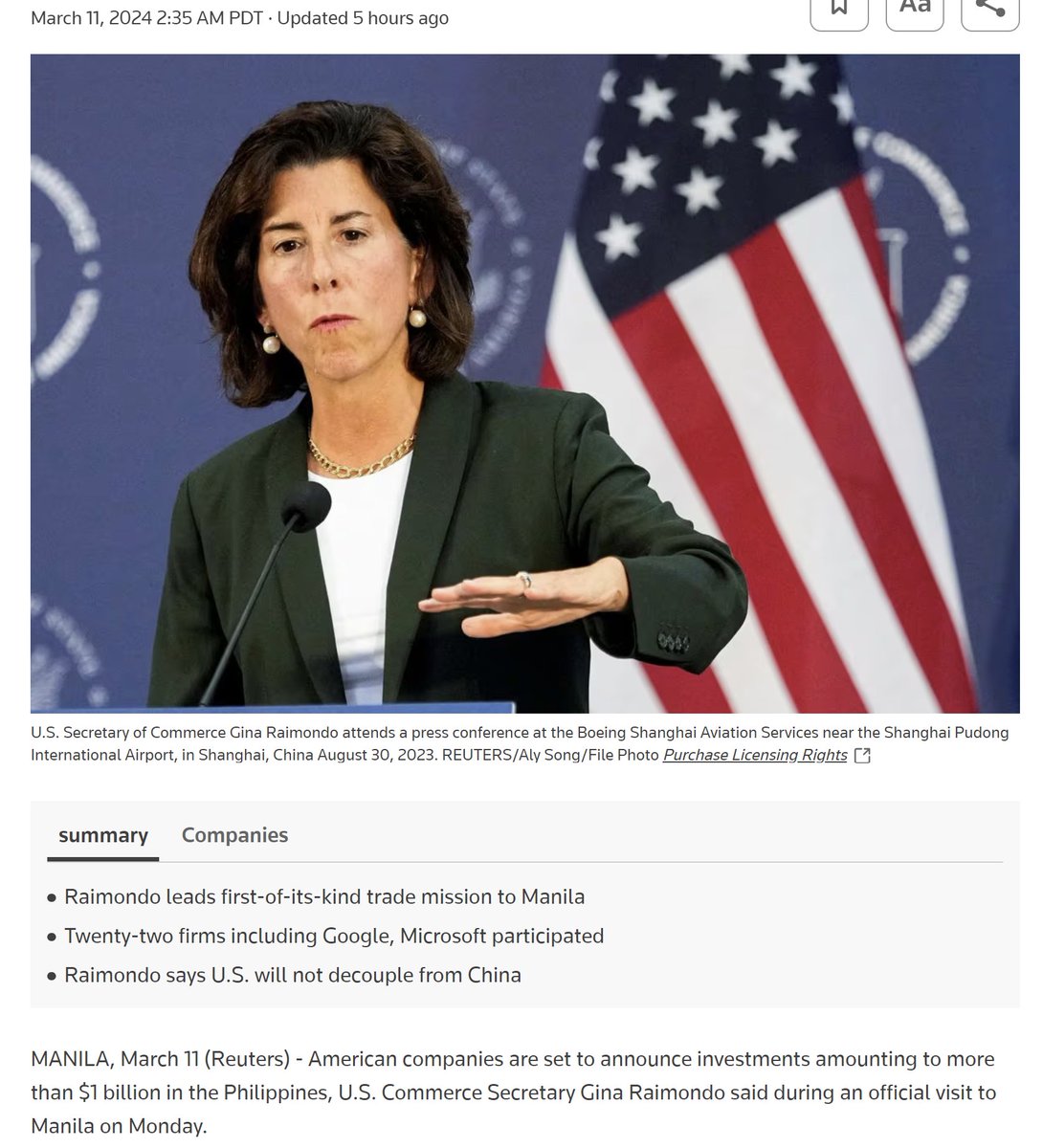 雷蒙多的意思是跟着美国有肉吃！ 3月11日路透：商务部长雷蒙多在马尼拉表示，美国公司将宣布在菲律宾投资超过$10亿。  她说，通过印太经济框架(（IPEF），华盛顿将贸易和投资的承诺延伸到菲律宾之外的更广大的印太地区。 雷蒙多重申，美国无意与中国