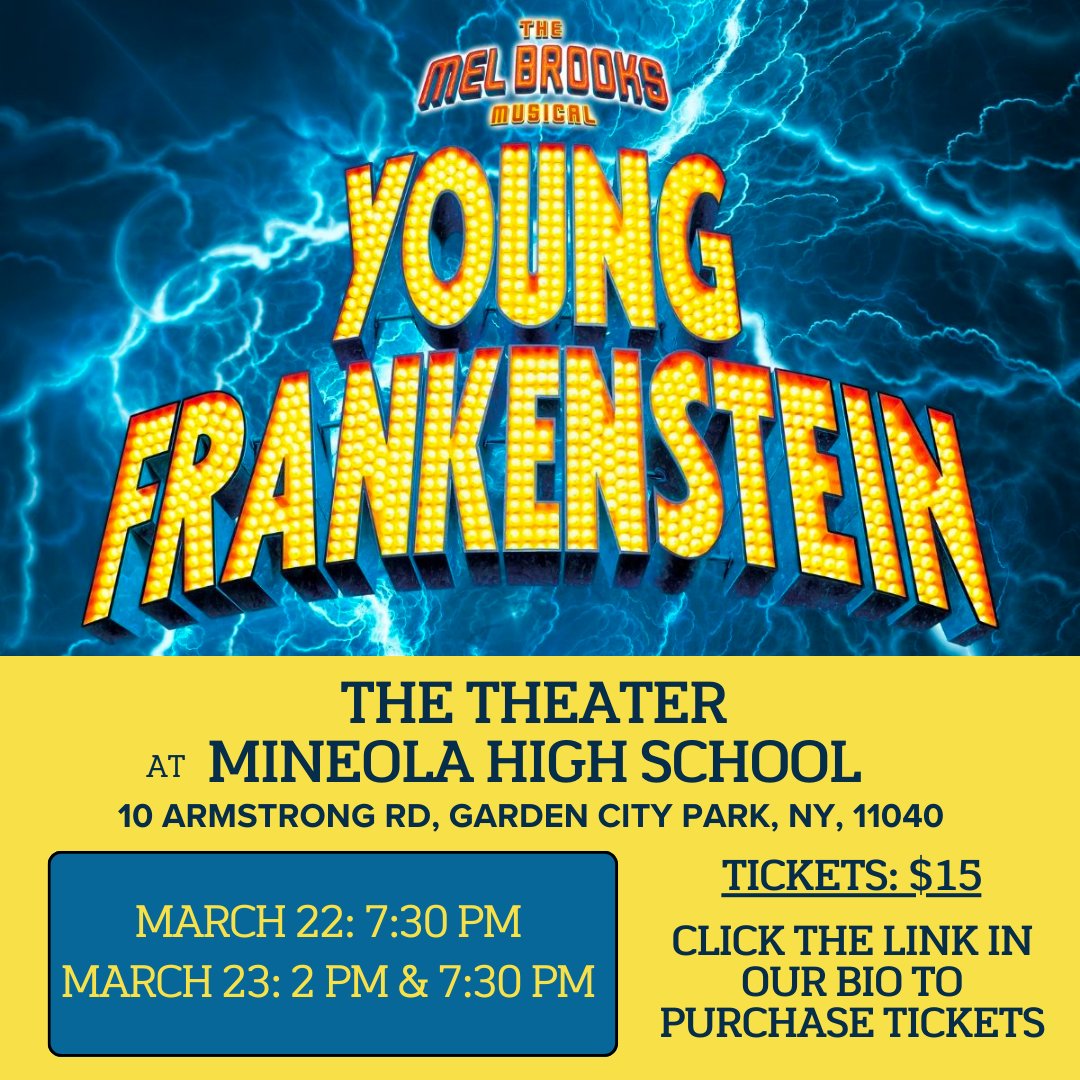 Come watch Young Frankenstein next week on Friday March 22nd and Saturday March 23rd! 

🎟: Link in bio to purchase tickets. Tickets are $15! 

#MineolaProud #mineolaschooldistrict #MineolaUFSD #jacksonave #hamptonstreet #meadowdrive #mineolams #mineolahs #mustangs #synergyhs