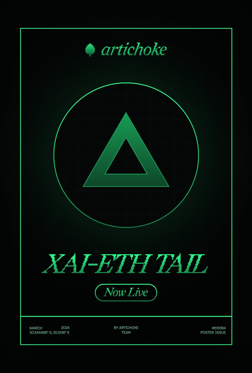 𝗡𝗲𝘄 $XAI/ETH 𝘁𝗮𝗶𝗹 𝗶𝘀 𝗹𝗶𝘃𝗲! 🟢

▪️app.articho.ke/tail/XAI?liqui…

𝗪𝗵𝗮𝘁'𝘀 𝗻𝗲𝘄?

▪️use $ETH portion as collateral to mint tCHOKE

▪️supports <a href="/CamelotDEX/">Camelot</a> &amp; <a href="/CryptoAlgebra/">Algebra DEX Engine</a> V3 LP positions

▪️earn LP rewards + access liquidity in your LP position

▪️tail size increase to