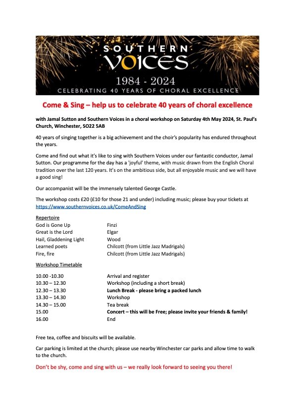 Come &amp; join us on May 4th @ St Paul's Church, Winchester, for a fabulous day of choral singing with <a href="/jamal_sutton/">Jamal</a> Everyone welcome! Info &amp; tickets: southernvoices.co.uk/ComeAndSing 
#choralmusic #choir #singing #Winchester #40th #40thanniversary #livemusic #celebration