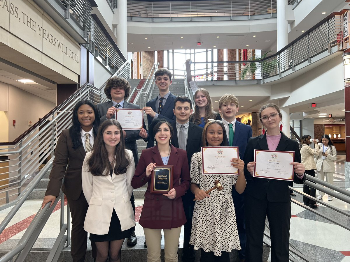 STVMMUN's tweet photo. Congratulations to the STVM Model UN team on winning Ohio State’s 1st Place "Best Delegation Award"! This award marks the 9th straight OSU championship for the Model UN team over the past nine seasons! #Endurance #MUN @JDVance1 @SenVancePress @SherrodBrown @SenSherrodBrown https://t.co/C9wzk1nfPI