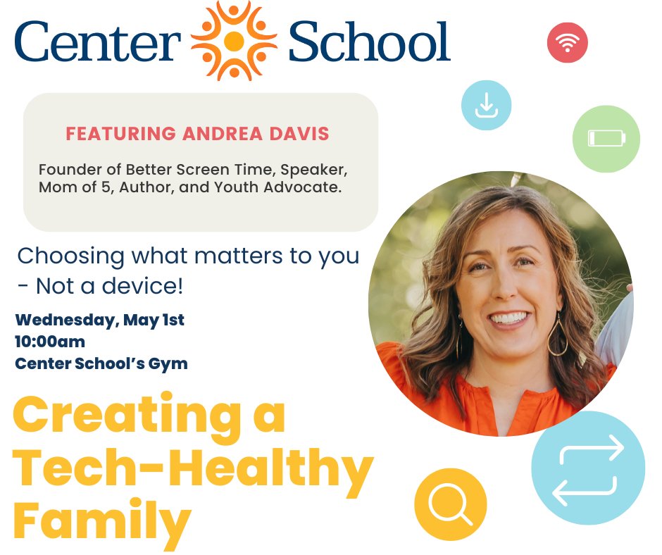 We are very excited to host Andrea Davis, the founder of Better Screen Time. This event is open to current families and students only.

Students will learn how to be tech-healthy along with their parents, and they will learn to choose what matters - Not a device!

#andreadavis