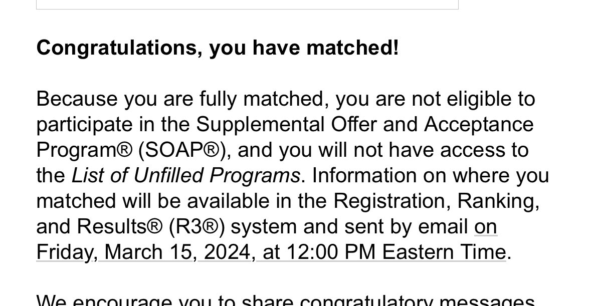 To my family, friends, and mentors. Thank you. This is a shared accomplishment. Love you all. Stay tuned for Friday #Match2024