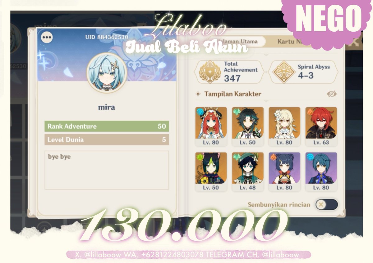 lillaboow's tweet photo. ₊˚ʚ Genshin Impact - 009  ๋ ࣭ ⭑

WTS 
🌷Endgame Genshin Account + FREE HSR Acc🌷

• Price 130.000 (nego)
• Adventure Rank : 50 (asia)
• Main Character: Lumine 
• Birthday : Set
• No minus
• Mid Build &amp; Mid Explore
• Rate Off

tags. wtb wts akun genshin
#zonauang #zonaba https://t.co/hRCWgfHvDd