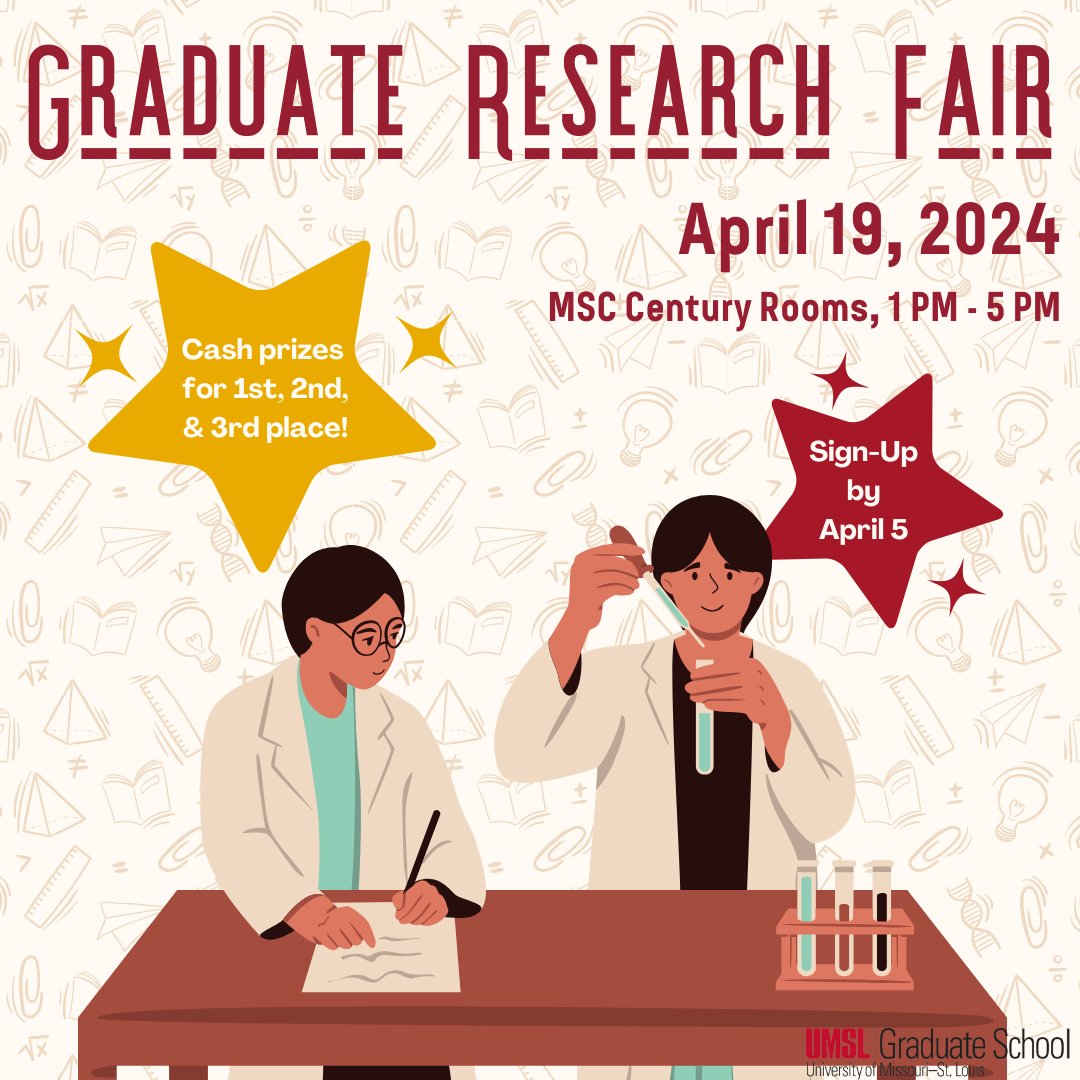 🤓Graduate Research Fair🎉
📍April 19, 1-5 PM, MSC Century Rooms
Interested in presenting  or coming to see other students' research? 

Participants must register by April 5
👉forms.office.com/r/gqZHBu9Y3u
Cash prizes!