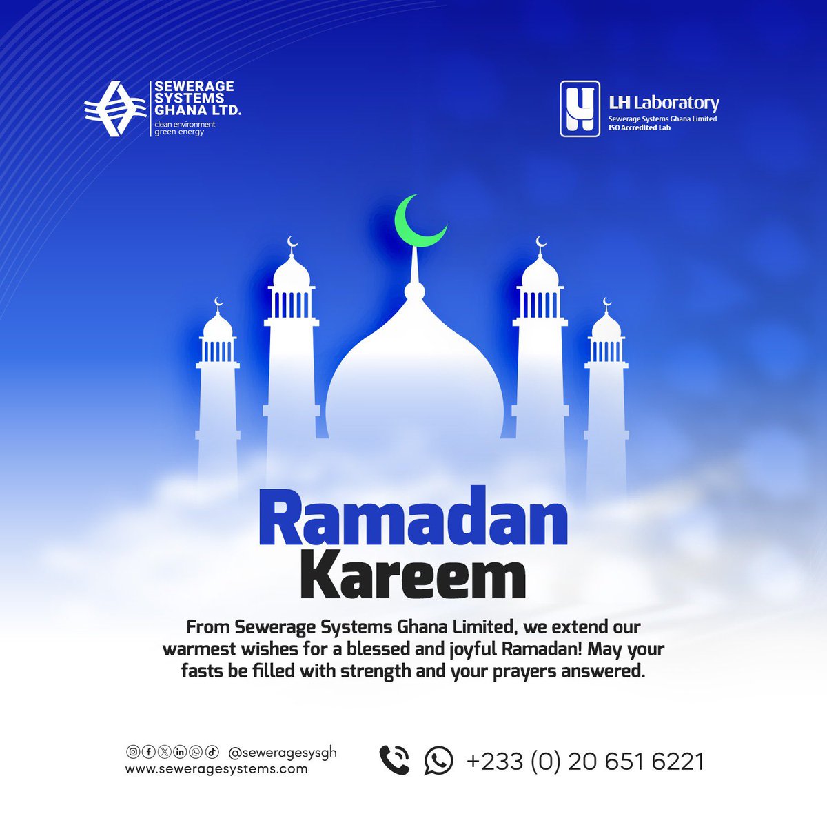 From Sewerage Systems Ghana Limited, we extend our warmest wishes for a blessed and joyful Ramadan! ☪️🎉 May your fasts be filled with strength and your prayers answered. 🤲 #RamadanGreetings #SewerageSystemsGhana #SSGLOnline #Jospong #Ghana #LiquidWasteTreatment #Ramadan2024