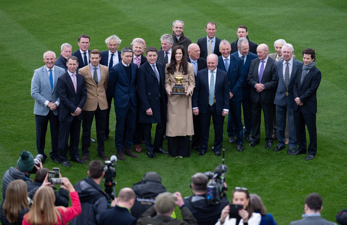 Gold Cup winning jockeys line up for a photograph before a lunch celebrating the 100th anniversary of the Cheltenham Gold Cup 🏆 Who would you want on your horse?