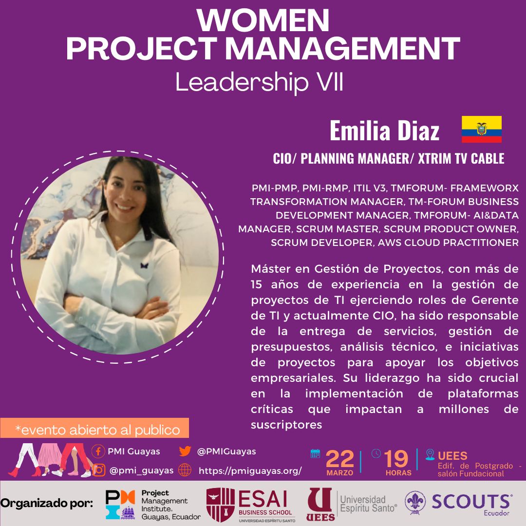 PMIGuayas's tweet image. Emilia Diaz, experta en proyectos de TI, será una de las ponentes del WPML, un evento que busca promover el liderazgo femenino en la gestión de proyectos. Aprende de su trayectoria y consejos el 22 de marzo 7pm en la UEES. Inscríbete aquí: pmiguayas.org/eventos/wpml-v… #WPML #GirlPower