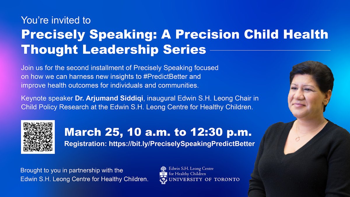 📣March 25: The @LeongCentre is partnering with @SickKidsNews #PrecisionChildHealth Precisely Speaking series! ✨Join us as we explore how #equity information helps us #PredictBetter and improve #populationhealth outcomes. Register today: tinyurl.com/5n73mywk