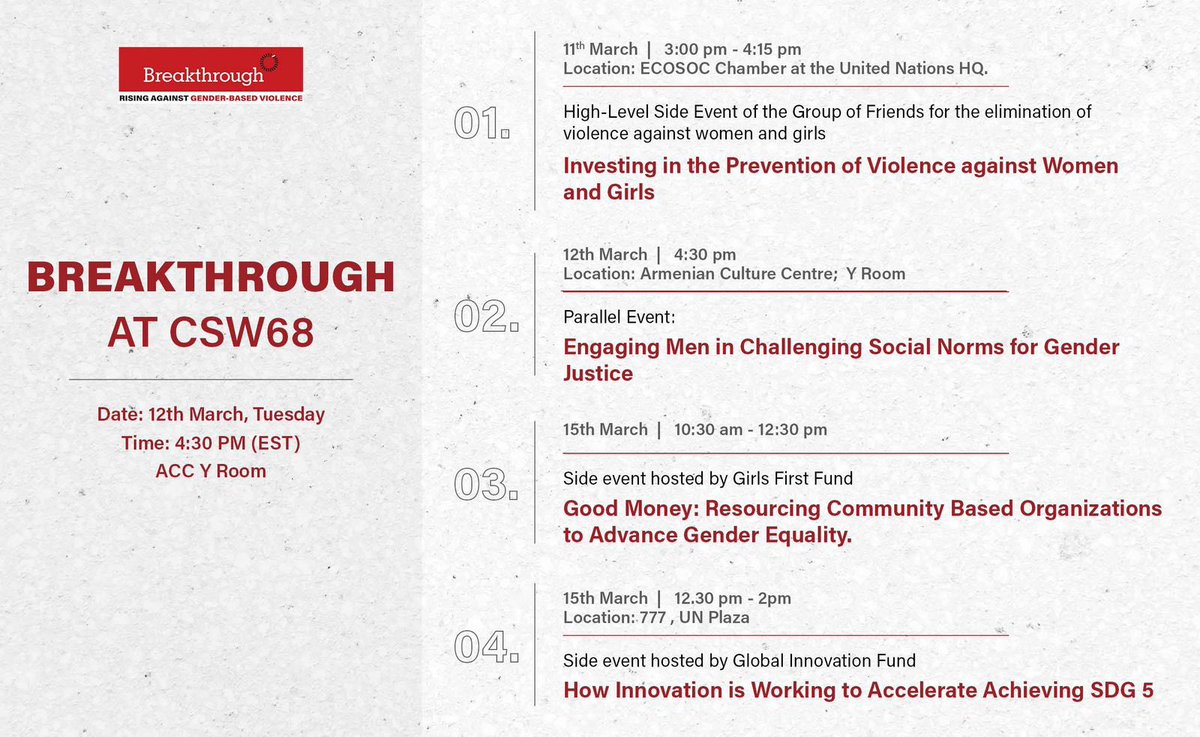 Beginning of #CSW68 and you will find @INBreakthrough in these events, represented by colleague @Nayana_20 #genderequity #preventvawg #gendernorms #GenderBasedViolence @GirlsFirstFund @GlobalInnovFund @UN_Women