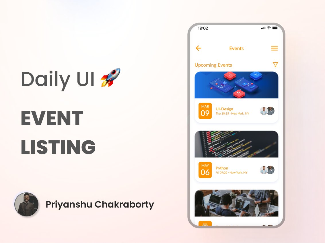 #Dailyui
Daily UI challenge ✨
Day 70: Event Listing🚀
#uiux #designer #design #eventlisting #event #mobile #MobileApp