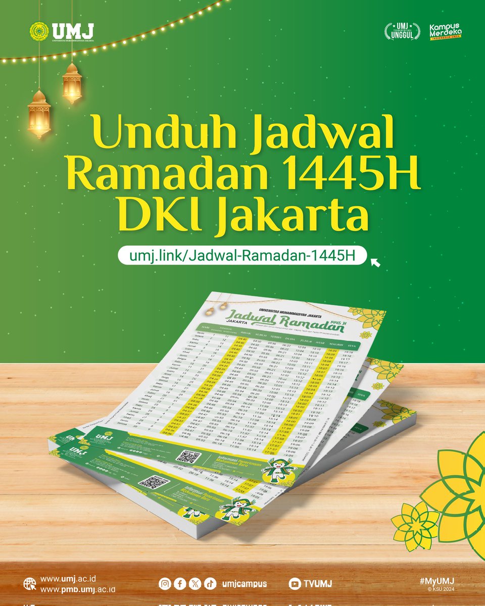 Hai Generasi Unggul 👋
.
Untuk kamu yang lagi cari-cari jadwal Ramadan 1445H untuk daerah Jakarta dan sekitarnya dapat mengunduh melalaui laman website umj yah.
umj.link/Jadwal-Ramadan…
.
©Kantor Sekretariat Universitas 2024
.
#umjunggul #MyUMJ #kampustangsel #Muhammadiyah #kampus