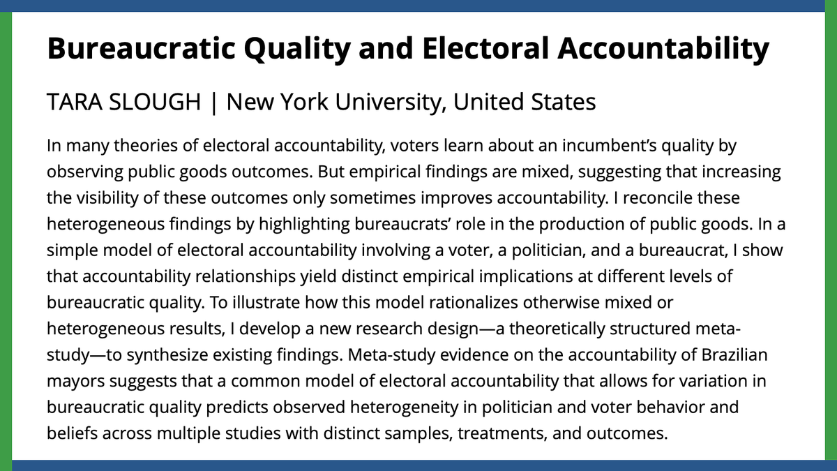 How do voters learn about incumbent quality? <a href="/tara_slough/">Tara Slough</a> highlights bureaucrats’ role in the production of public goods in a novel explanation designed to reconcile the mixed results in previous literature.
#APSR
#APSRFirstView
cambridge.org/core/journals/…