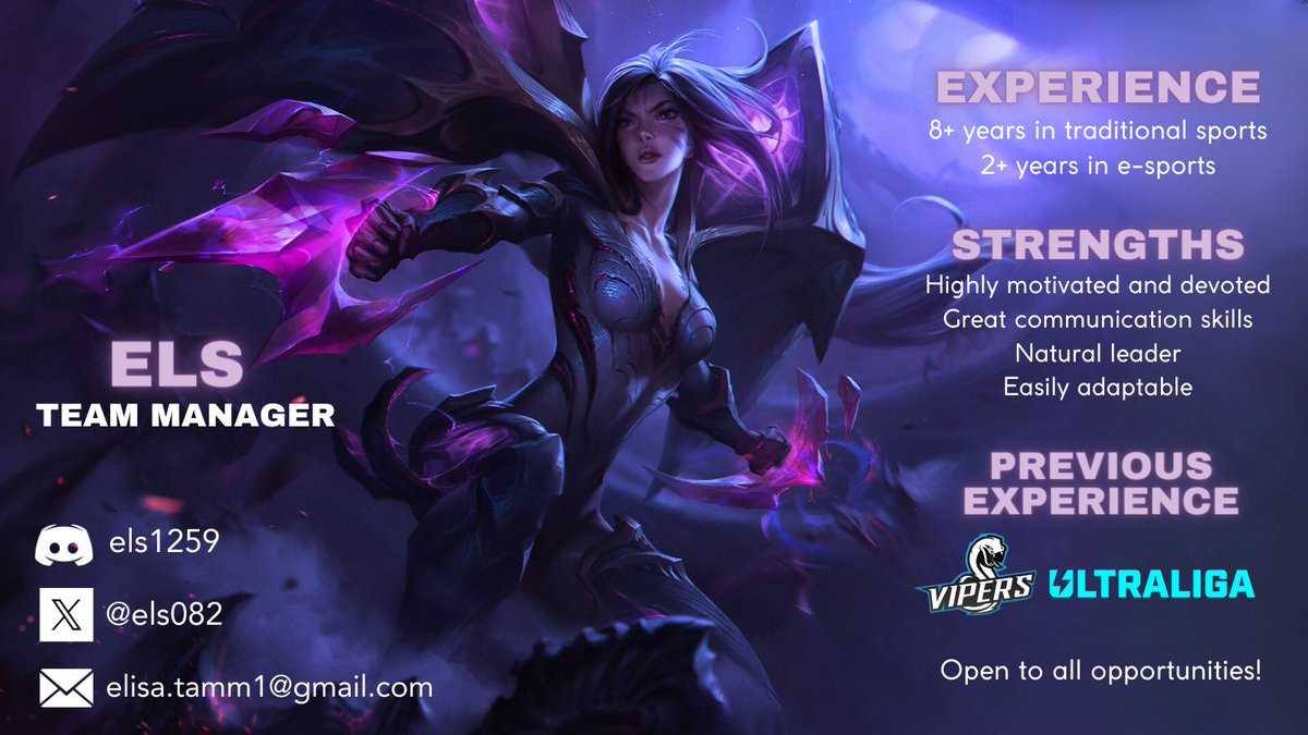 Hello! I'm Els. After reaching @Ultraliga2 playoffs in our first split with Estonian Vipers I am searching for new opportunities as a team manager. For references, contact <a href="/Nukes_lol/">Risto Luuri</a> and <a href="/yOFT55/">yOFT</a> 😎 
Likes and retweets are always appreciated! ☀️