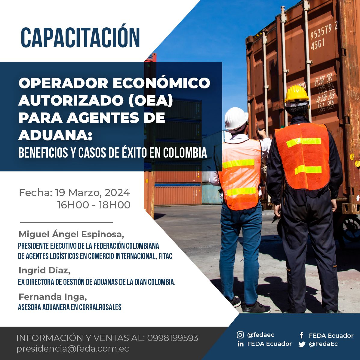 ✅Capacitación: Operador Económico Autorizado (OEA) para Agentes de Aduana: Beneficios y casos de éxito en Colombia✅
Link de inscripción: us06web.zoom.us/meeting/regist…

información: 0998199593 | presidencia@feda.com.ec
