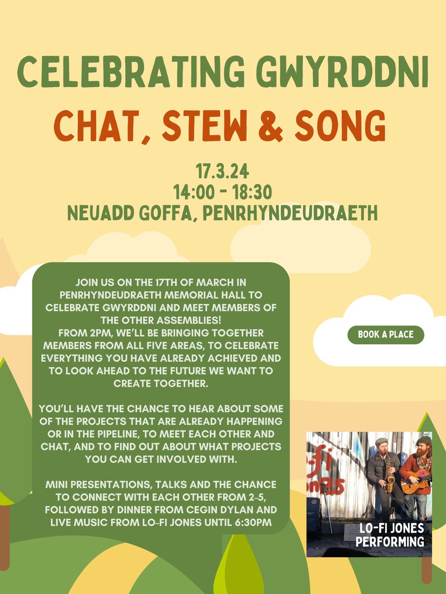 Dewch i glywed am y gwaith sy'n mynd ymlaen yn ein 5 ardal, i gael cawl a gig am ddim Dydd Sul nesa ym Mhenrhyndeudraeth!

Come and hear about what's happening in our 5 areas, and for free stew + a gig next Sunday in Penrhyndeudraeth!

forms.gle/8xQpXcYCRuqTTB…