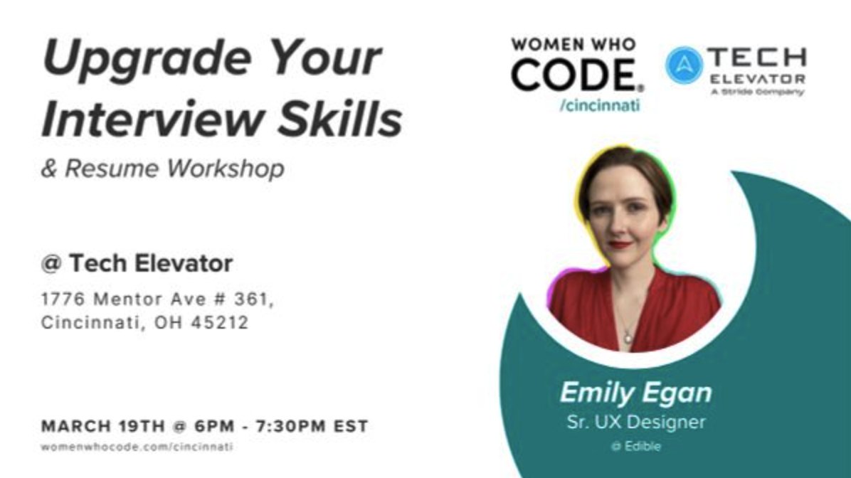 Women Who Code Cincinnati is excited to host an in-person talk and workshop at our Cincinnati campus on Tues, 3/19. 🗓️ Don't miss the chance to enhance your resume and ace your interviews with the amazing Emily Egan! 🤩 Mark your calendars and RSVP! 👇 brnw.ch/21wHLAg