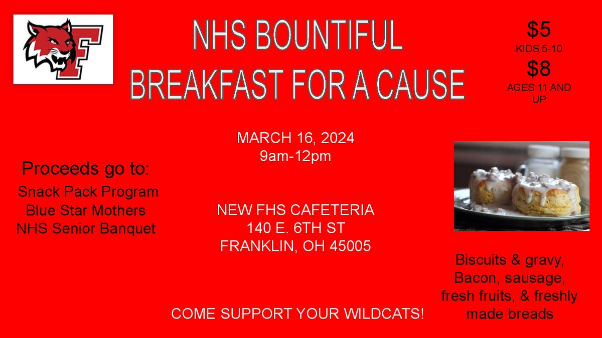 The National Honor Society will hold a fundraising breakfast on Saturday, March 16, 9 a.m. to 12 p.m. See the flier for more information. If you have questions, comments, or would like more information about this post, please email communications@franklincityschools.com.