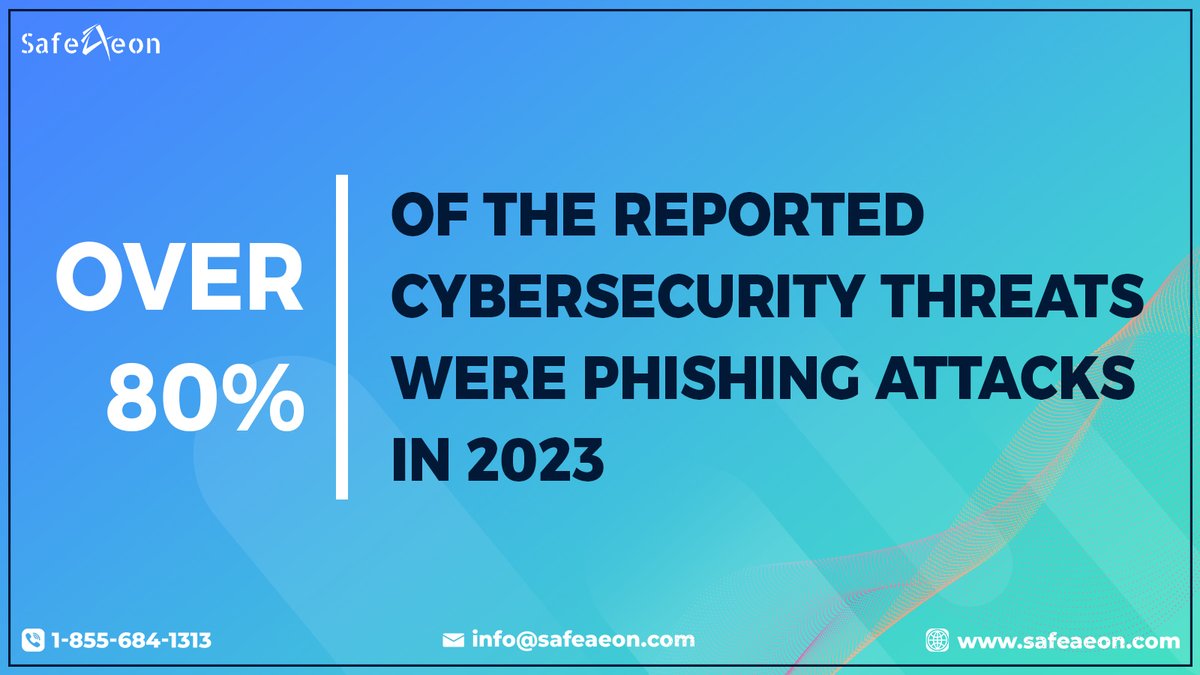 safeaeon's tweet photo. Fact: Over 80% of reported cybersecurity threats in 2023 were phishing attacks. Don't fall victim – stay vigilant and protect your data. 

Our experts are here to assist. Contact us for guidance: https://t.co/0TVVfnWfeF
.
.
.
#CyberSecurityFacts #PhishingAttacks #Safeaeon https://t.co/SEYV5Aw0Sz