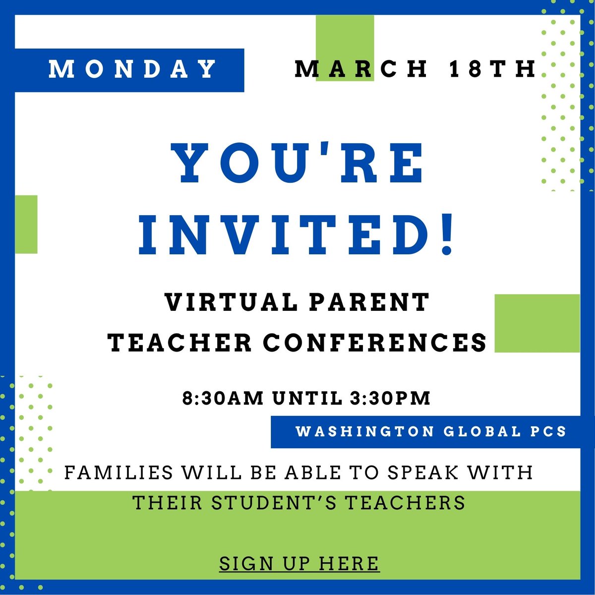 We will not have school for students on 3/18 for Parent Teacher Conferences. Conferences will take place from 8:30-3:30, &amp; will be held virtually. All participants will receive the necessary Zoom information prior to your meeting. To sign up, visit bit.ly/3Iz8fyW
