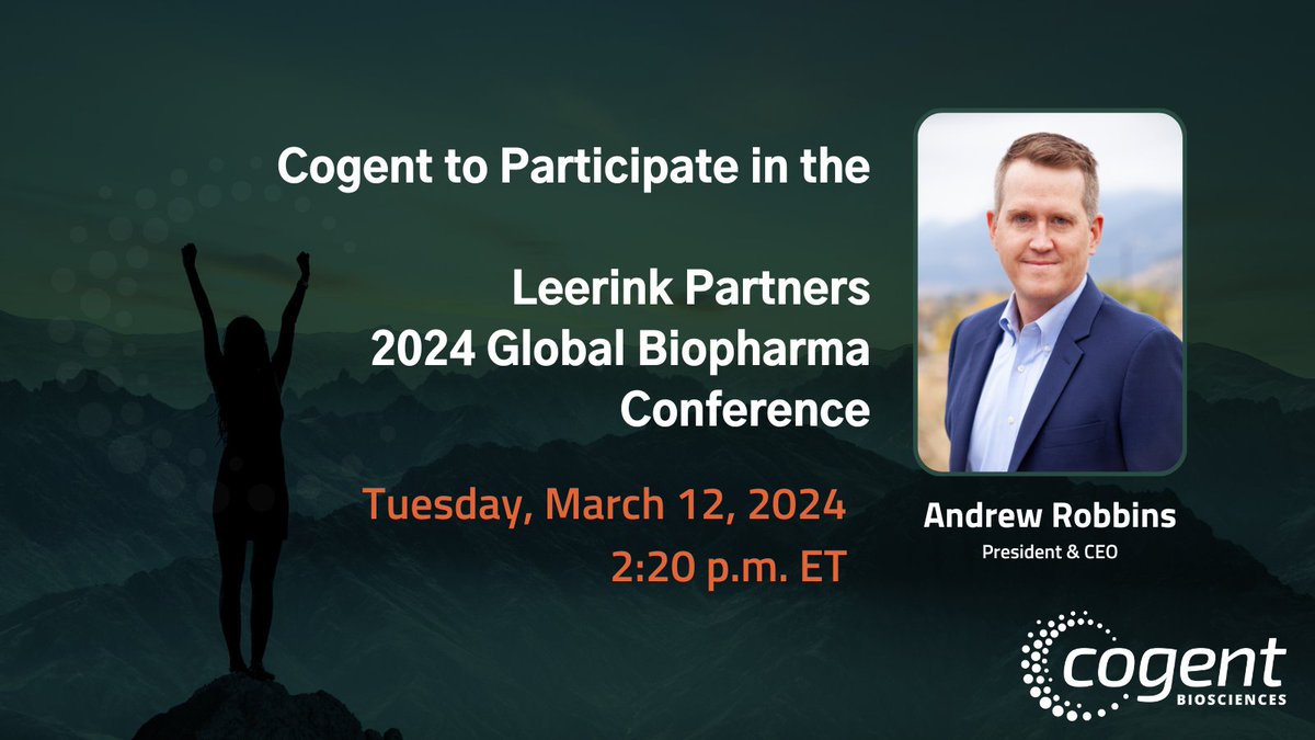 We’re looking forward to the Leerink Biopharma Conference. Join us tomorrow for a fireside chat with our President and CEO, Andrew Robbins. Register here: investors.cogentbio.com/events #AdvSM #nonAdvSM #GIST #raredisease