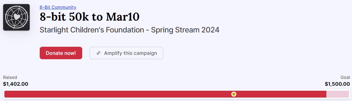 8Bit_Community's tweet image. A great weekend from our participating streamers!

$1000 goal hit and we are well on the way to our stretch goal.  @StarlightUS $50k to Mar10 day is done but the donations will be open until March 31st.