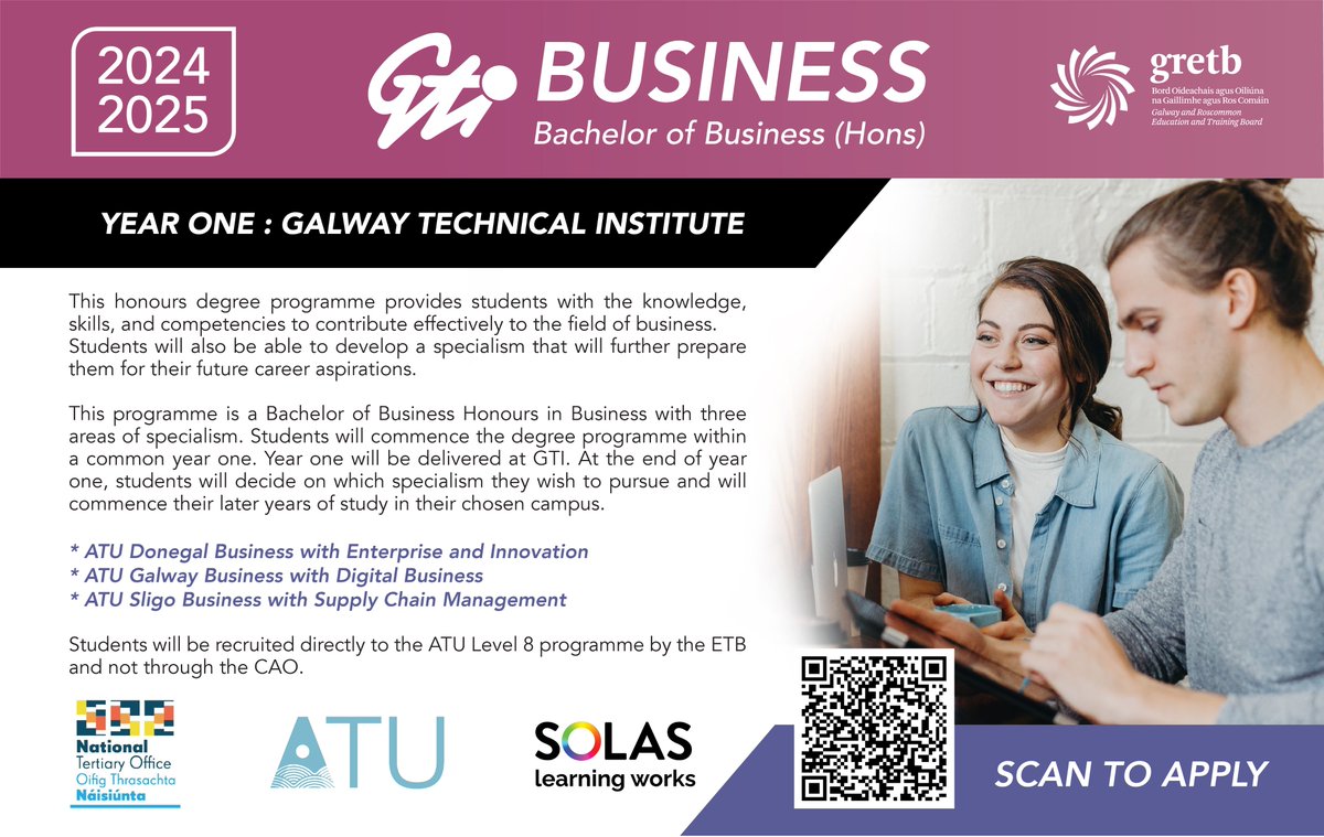 📢Embark on a Tertiary Business Degree in a further education setting in GTI (GRETB) for the 1st year & then progress on to @atu_ie upon successful completion of the initial year. 👉For more information & to APPLY, visit: fetchcourses.ie/course/finder?… #GRETBTertiaryDegrees #GTIGalway