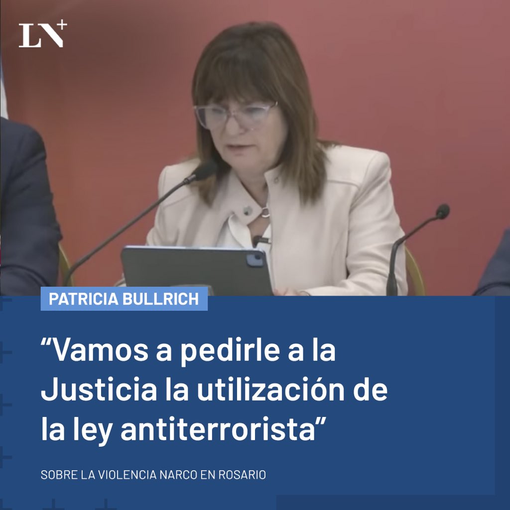 lanacionmas's tweet photo. 🗣️ La ministra de Seguridad Patricia Bullrich aseguró que mandará al Congreso un proyecto “antimafias” para terminar con la violencia en Rosario. 

🔹 En LN+. https://t.co/D0P35pkU9Z