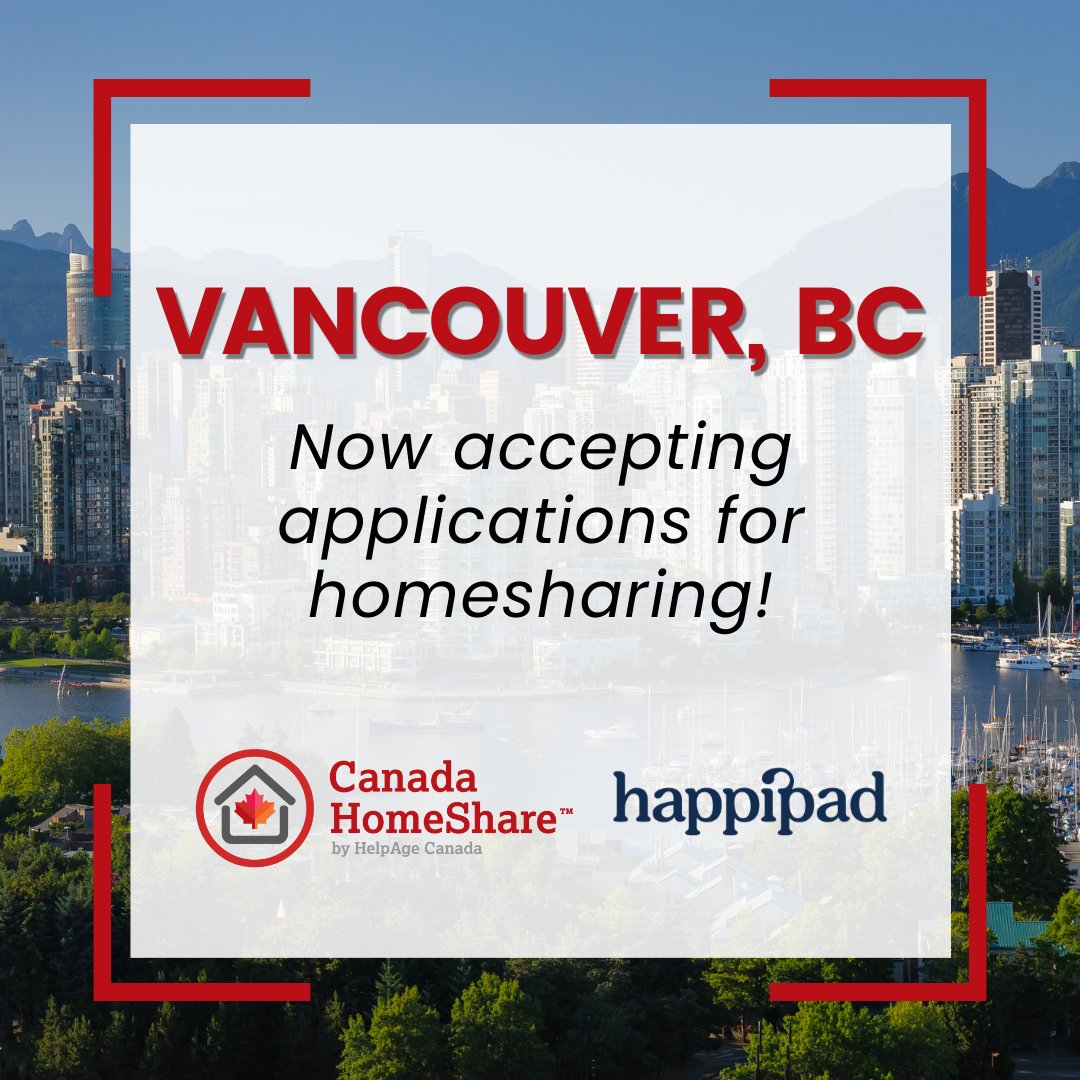 APPLICATIONS ARE NOW OPEN FOR HOMESHARING IN VANCOUVER! Canada HomeShare is an intergenerational homesharing program open to adults aged 55+ and post-secondary students. List your spare room or begin browsing rooms today! loom.ly/0sZDmMk
#homesharing #seniors #nonprofit