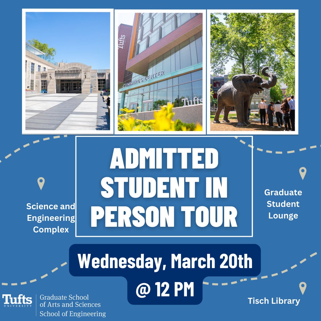 Admitted Students: Join us next week for an in person tour of the Tufts Medford/ Somerville campus. Registration link is in our bio 🐘 

#tour #admit #gradschool #gradstudent #masters #phd #academia #tufts #graduateschool #graduatestudent