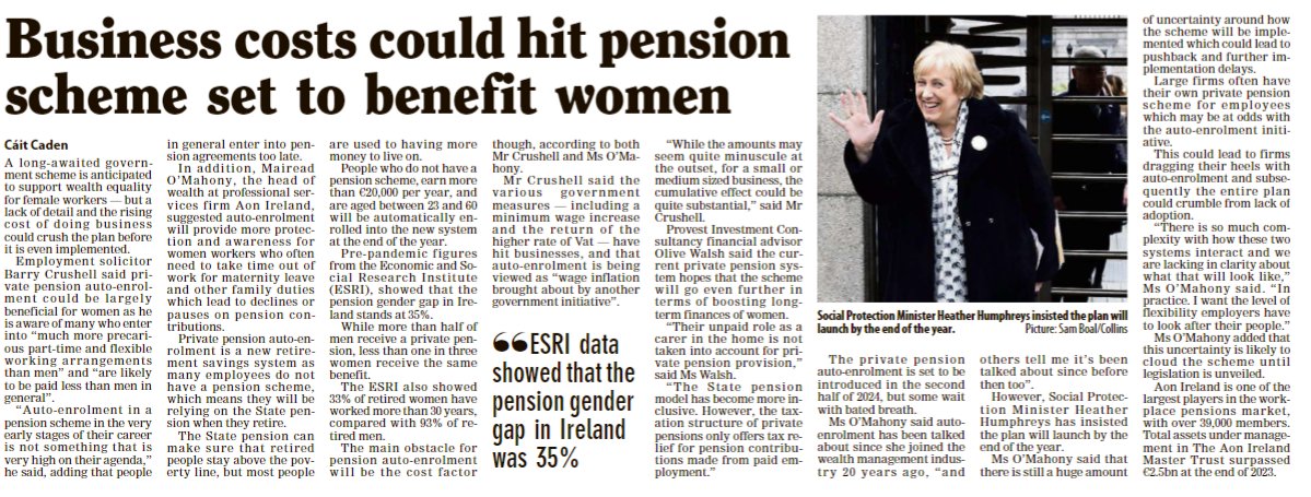 With #pension #autoenrolment to be introduced this year our Head of Wealth Mairead O’Mahony spoke to the @irishexaminer about how it will help close the gender pension gap & how employers can make #betterdecisions to address the challenges that lie ahead aon.io/4carex1