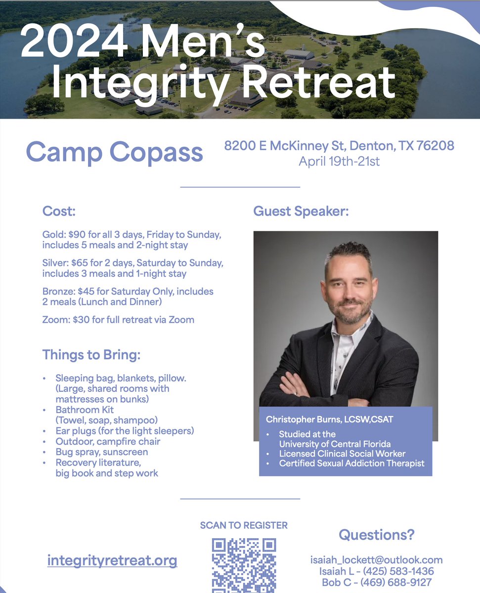 There is a robust 12-Step SAA recovery community in Texas. They have an incredible system in place with Zoom meetings. They host a Men's Integrity Retreat in April and I am honored to be the Keynote Speaker.
integrityretreat.org
#RewriteRecovery #12steps #recovery