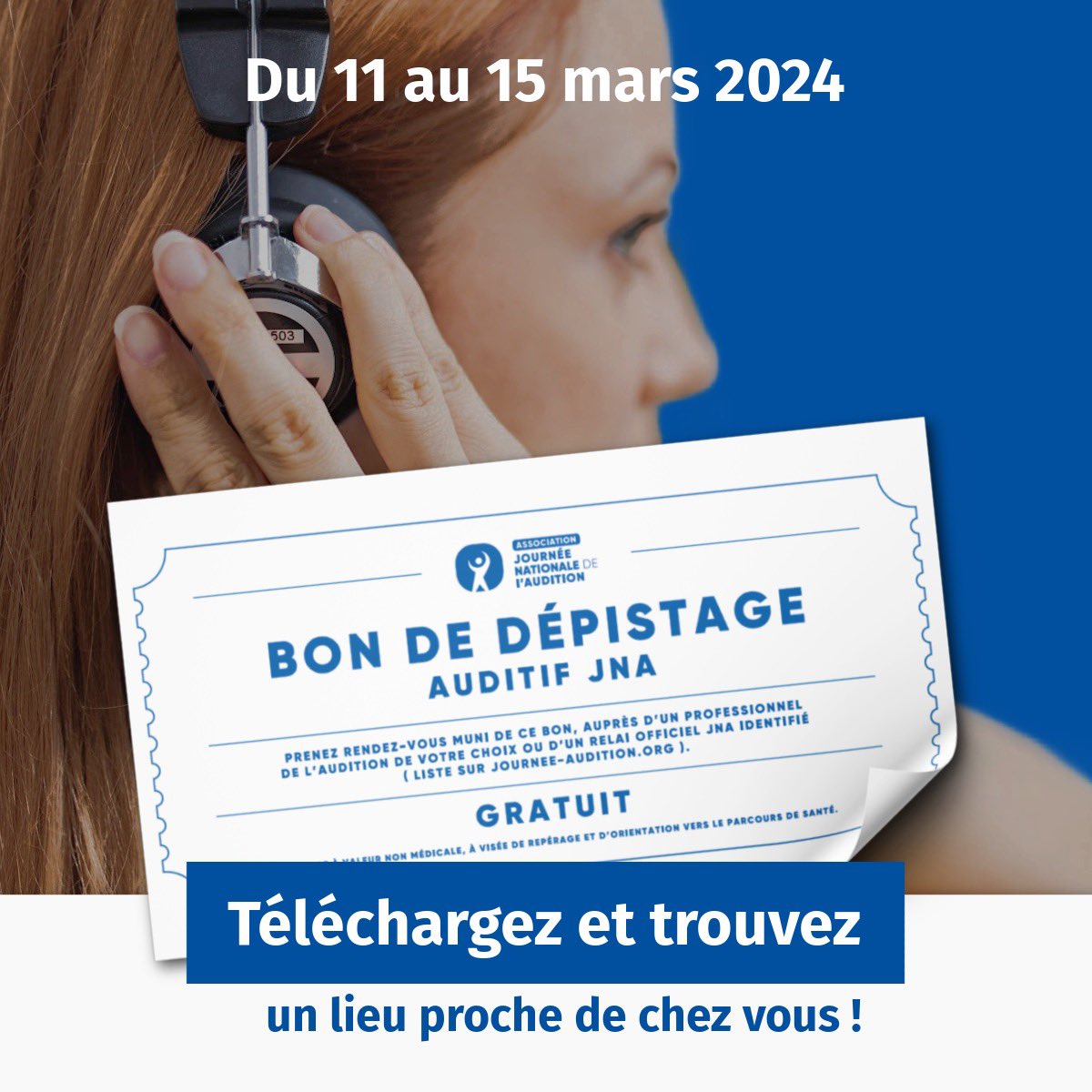 L’association JNA invite les Français à se faire dépister massivement à l’occasion de la campagne Journée Nationale de l’Audition, du 11 au 15 mars. 
➡ Comment ? Téléchargez : lnkd.in/d3umDjp  
➡ Ou ? Trouver un lieu proche de chez vous : bit.ly/3TsRxHF 
#JNA24