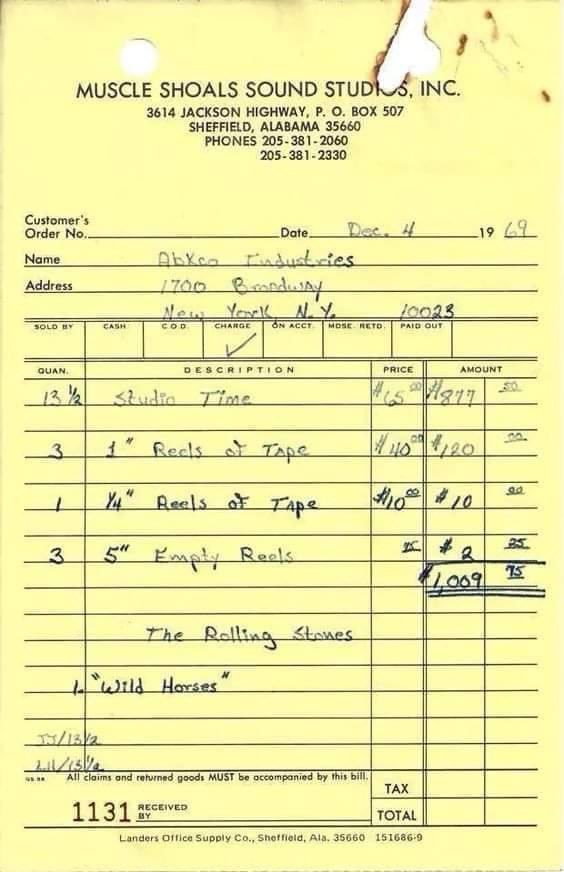 The Rolling Stones recorded Wild Horses for $1009.75.