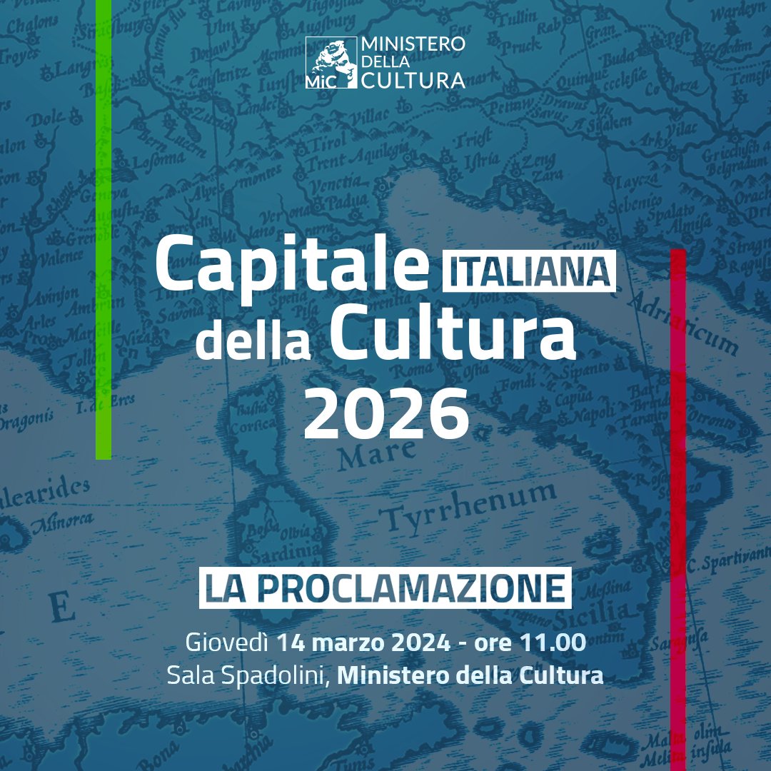 Capitale italiana della cultura_Pagina ufficiale (@capitalicult) on Twitter photo Giovedì 14 marzo 2024 (ore 11.00), a Roma, al <a href="/MiC_Italia/">Ministero della Cultura</a> si svolgerà la cerimonia di proclamazione della città vincitrice del titolo di Capitale italiana della Cultura 2026.
Diretta streaming su 🔗youtube.com/live/g0PdT0Ock…
#MiC #CapitaleItalianaDellaCultura2026 #cidc2026 Giovedì 14 marzo 2024 (ore 11.00), a Roma, al <a href="/MiC_Italia/">Ministero della Cultura</a> si svolgerà la cerimonia di proclamazione della città vincitrice del titolo di Capitale italiana della Cultura 2026.
Diretta streaming su 🔗youtube.com/live/g0PdT0Ock…
#MiC #CapitaleItalianaDellaCultura2026 #cidc2026