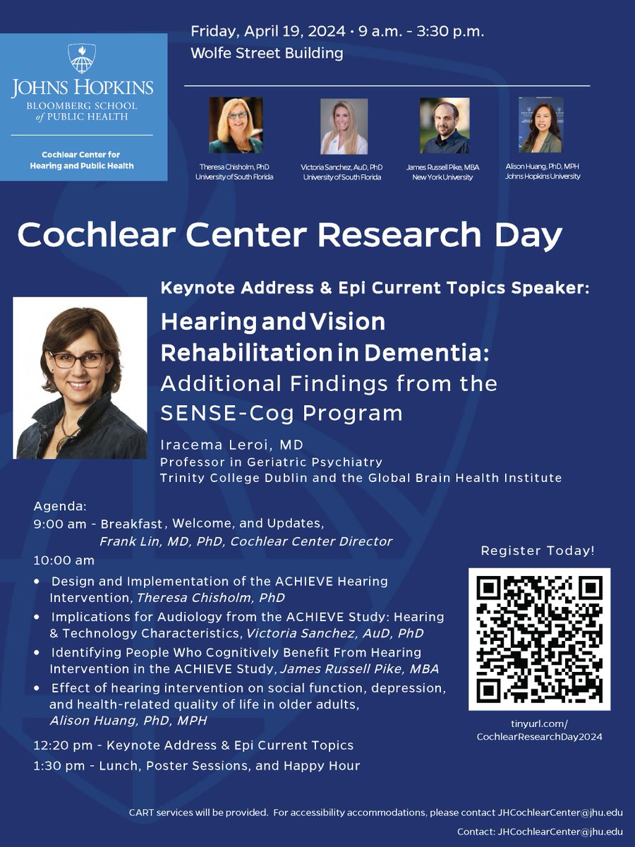 JHU Cochlear Center for Hearing and Public Health (@jhsph_hearing) on Twitter photo Join us for Cochlear Center Research Day,
Fri, April 19, 2024 <a href="/JohnsHopkinsSPH/">Johns Hopkins Bloomberg School of Public Health</a>
This annual, in-person event includes presentations about aspects of the ACHIEVE study from Center faculty & collaborators.
Info & registration: bit.ly/3TwT2Va Join us for Cochlear Center Research Day,
Fri, April 19, 2024 <a href="/JohnsHopkinsSPH/">Johns Hopkins Bloomberg School of Public Health</a>
This annual, in-person event includes presentations about aspects of the ACHIEVE study from Center faculty & collaborators.
Info & registration: bit.ly/3TwT2Va