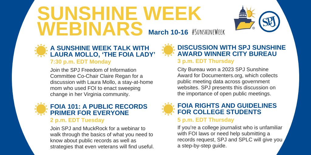 Society of Professional Journalists (@spj_tweets) on Twitter photo Check out these #SunshineWeek events SPJ is hosting!
Later tonight, SPJ Freedom of Information Committee Co-Chair <a href="/clairemariereg1/">Claire Regan</a> will be discussing how to use #FOIA to make a difference in your community with Laura Mollo, the "FOIA Lady." Check out these #SunshineWeek events SPJ is hosting!
Later tonight, SPJ Freedom of Information Committee Co-Chair <a href="/clairemariereg1/">Claire Regan</a> will be discussing how to use #FOIA to make a difference in your community with Laura Mollo, the "FOIA Lady."