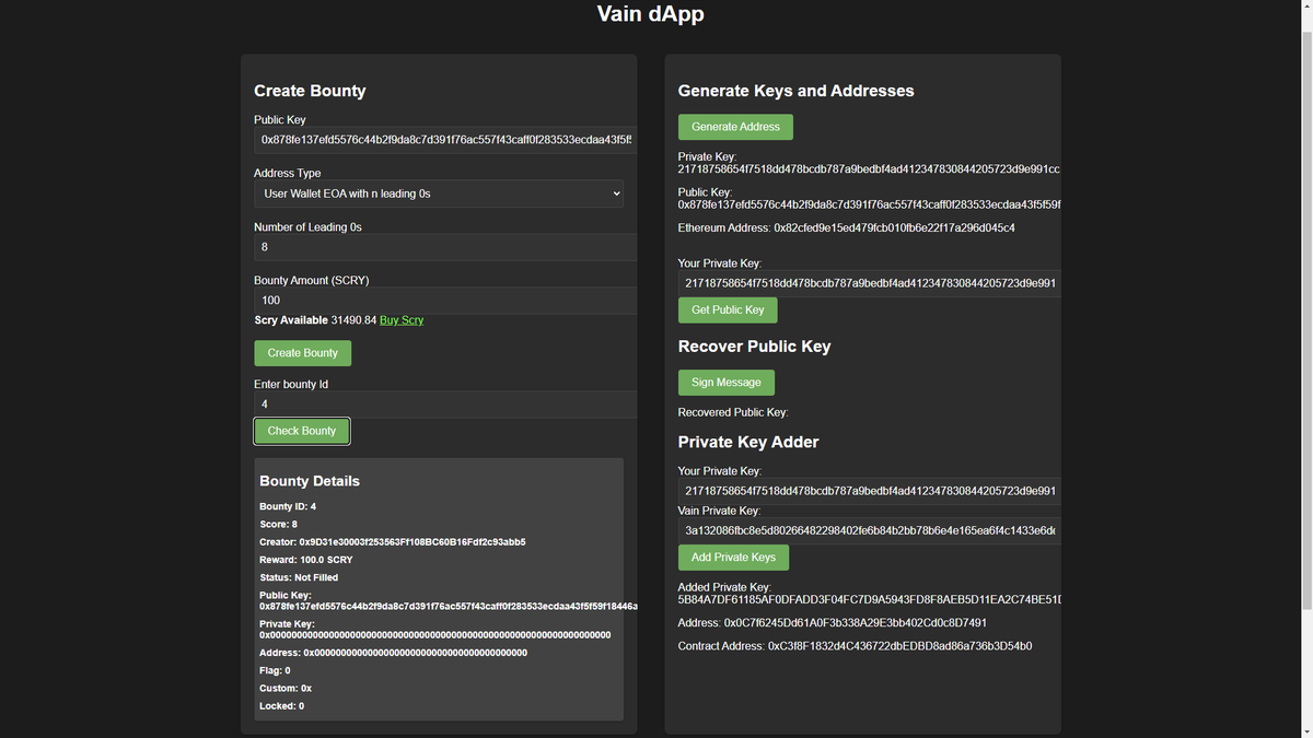 🚀Introducing Vain: Revolutionizing Vanity ETH Addresses! 🔐
Vain is an open marketplace for mining vanity ETH addresses securely using ECC offsets of public keys.💎

Vain empowers you to get your perfect ETH address while keeping private keys safe. Our cutting-edge use of ECC