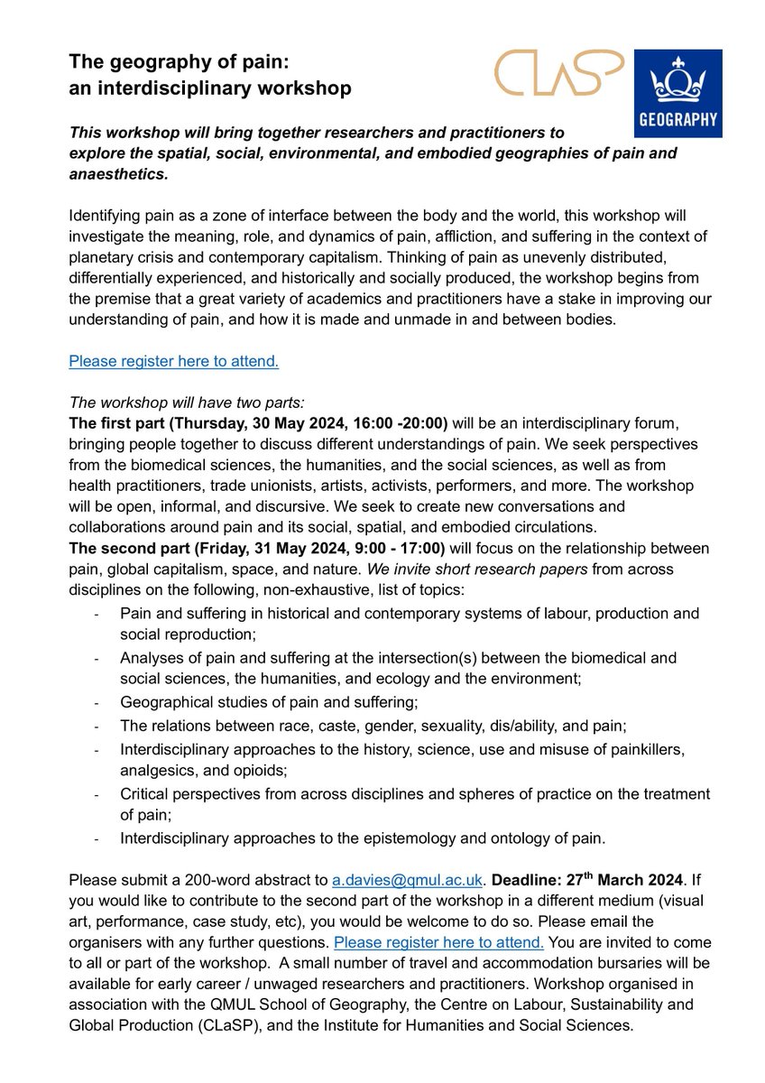 The geography of pain: an interdisciplinary workshop A call for all those working on relationship between pain, global capitalism, space, and nature! 📢Deadline 27 March📢 Register here to attend: eventbrite.co.uk/e/the-geograph…