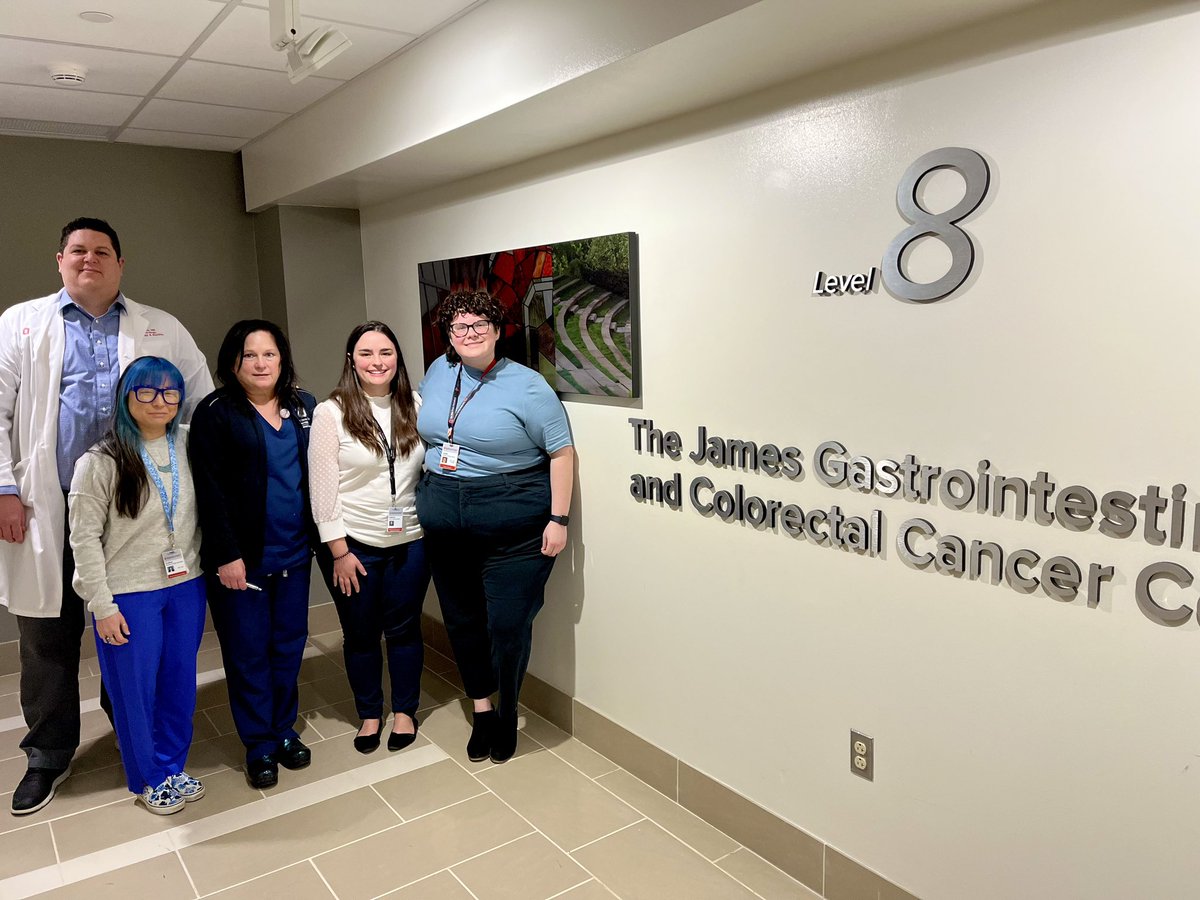 Great picture from today’s clinic of the Hereditary GI cancer prevention team at @OSUWexMed @OSUCCC_James wearing blue for CRC awareness month! @CGAIGC @josiebakerGC